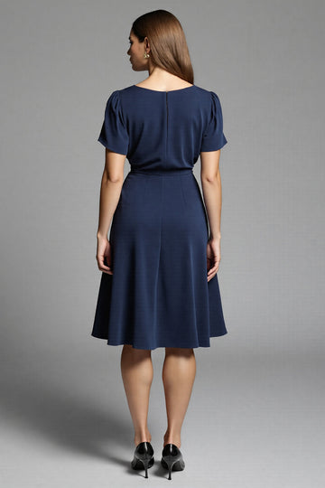 Simple Navy A Line Round Neck Short Sleeves Midi Work Dress